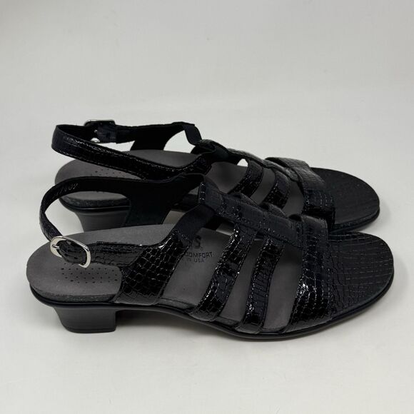 SAS Allegro Sandals Womens 10 N Narrow Black Leather Croc Print Pump Strappy - Picture 4 of 15